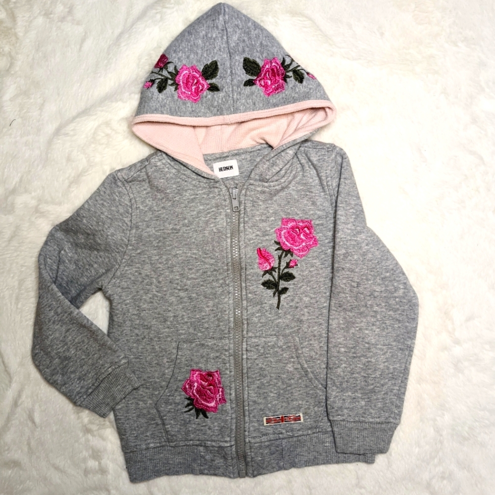 Hudson Jeans Gray Hoodie with Pink Rose Embroidery